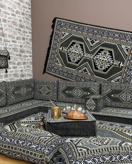 Pack U salon traditionnel oriental gris Sedirhan