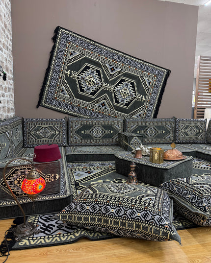 Pack U salon traditionnel oriental gris Sedirhan
