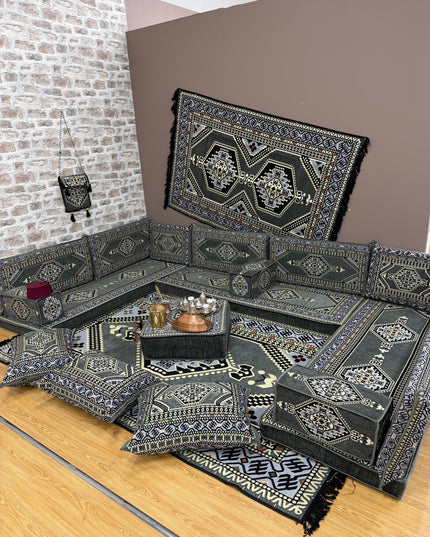 Pack U salon traditionnel oriental gris Sedirhan