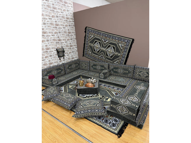 Pack U salon traditionnel oriental gris Sedirhan