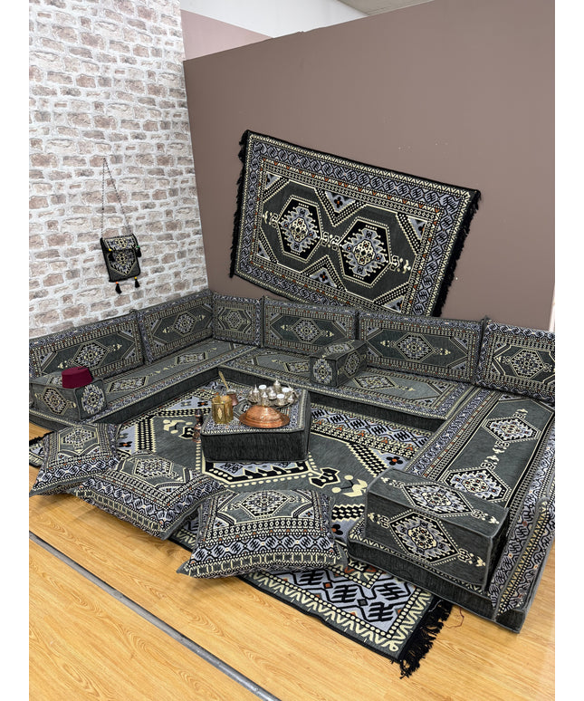Pack U salon traditionnel oriental gris Sedirhan